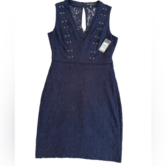 NWT GUESS Lace Sleeveless V-neck Lined Navy Blue Dress Size 8 - Picture 9 of 17
